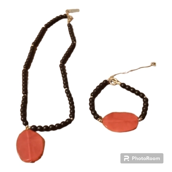 Necklace & Bracelet Matching Set. Black & Pink. Hand Crafted. - Picture 1 of 5